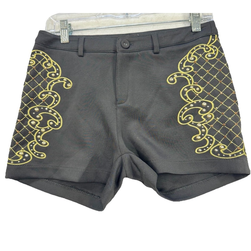 Y2K Booty Shorts Size Med Black & Gold Rhinestone Wow Couture Clubwear Going Out